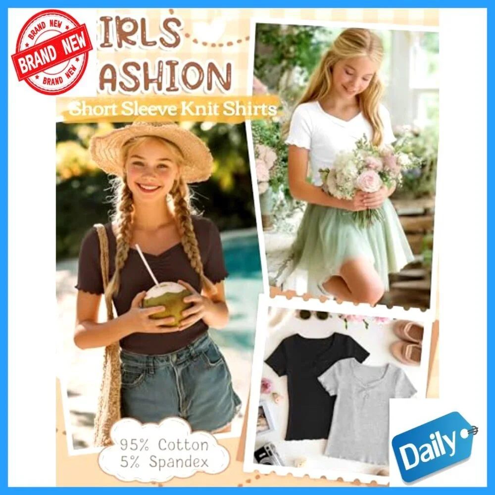 Girls Slim Fit V-Neck Tee 4 Pack Ribbed Lettuce Trim Sweetheart Neckline